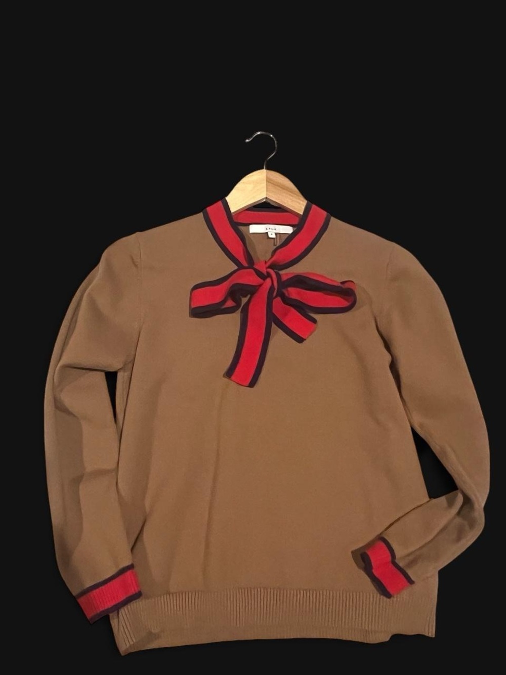 English Factory Camel Knit Sweater with Red and Black Bow Tie